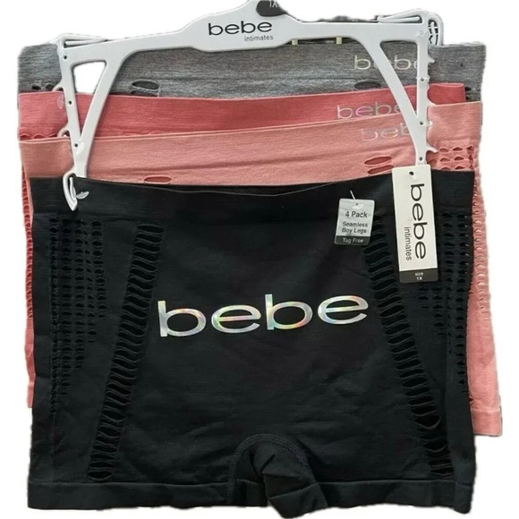 Bebe +1X Mixed Color Slashed Detail Logo Waistband Seamless Boyshort Panties-4Pk - Picture 2 of 7